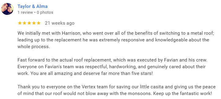 Vertex Roofing Google Review 1