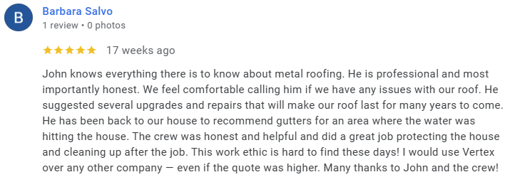 Vertex Roofing Google Review 3